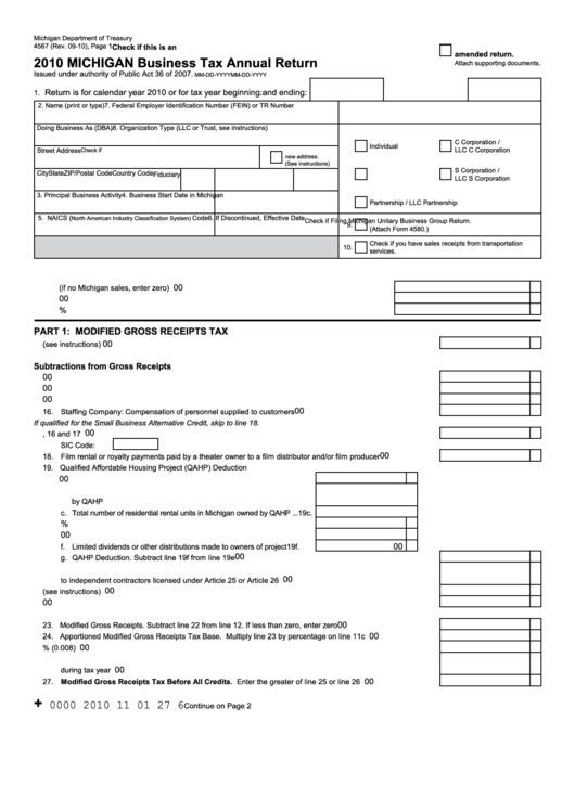 Form 4567 - Michigan Business Tax Annual Return - 2010 Printable pdf
