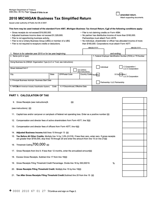 Form 4583 - Michigan Business Tax Simplified Return - 2010 Printable pdf
