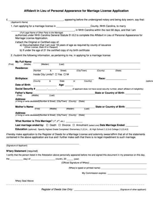 Affidavit In Lieu Of Personal Appearance For Marriage License Application Form Printable pdf