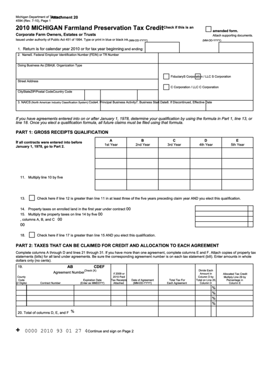 Form 4594 Michigan Farmland Preservation Tax Credit 2010 printable