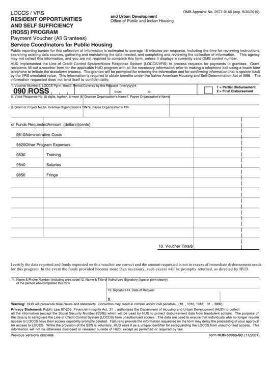 Fillable Form Hud-50080-Sc - Resident Opportunities And Self Sufficiency (Ross) Program Payment Voucher (All Grantees) Printable pdf