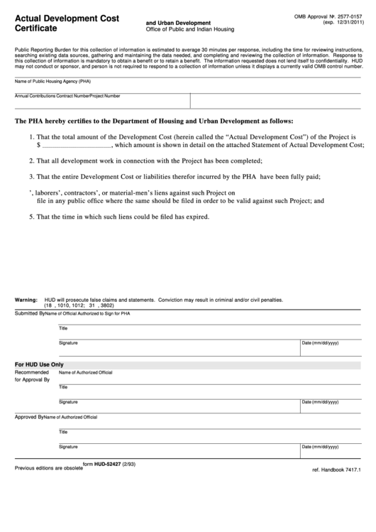 Fillable Form Hud 52427 Actual Development Cost Certificate printable