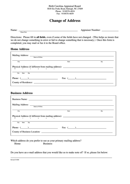 Fillable Change Of Address Form - North Carolina Appraisal Board Printable pdf