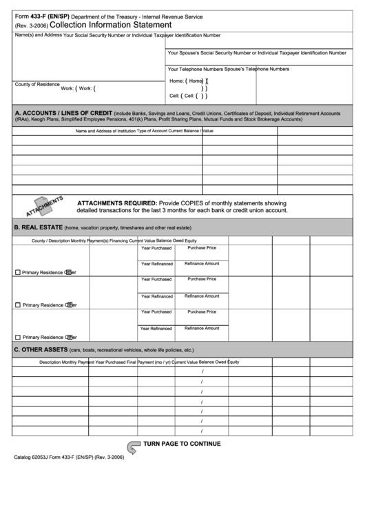 Fillable Form 433-F - Collection Information Statement - Department Of Treasury Printable pdf