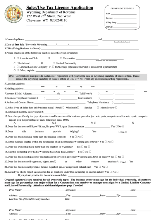 Sales/use Tax License Application Form - Wyoming Department Of Revenue Printable pdf