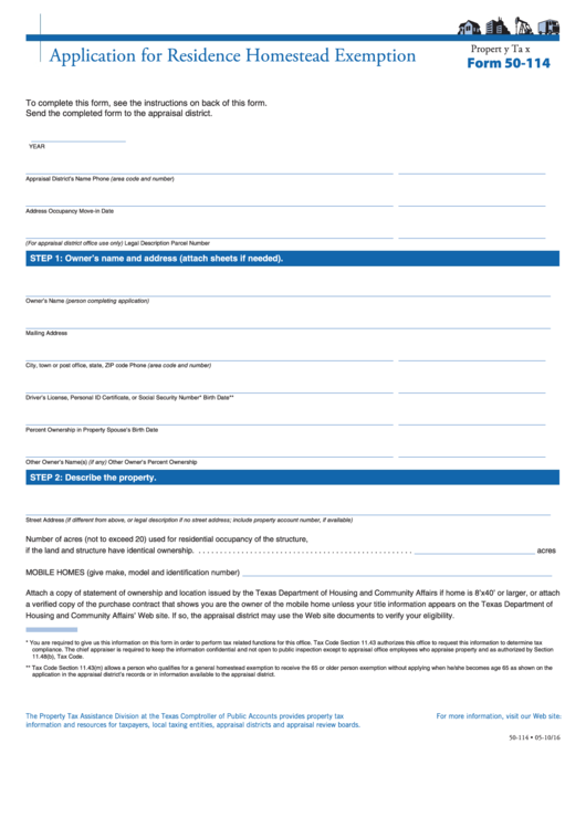 Fillable Form 50-114 - Application For Residence Homestead Exemption Printable pdf