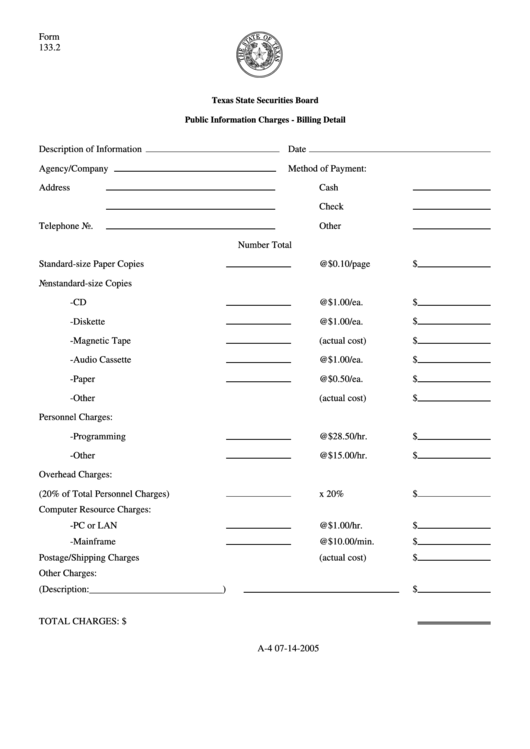Form 133.2 - Public Information Charges - Billing Detail Form Printable pdf