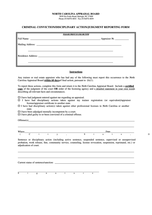 Fillable Criminal Conviction/disciplinary Action/judgment Reporting Form - North Carolina Appraisal Board Printable pdf