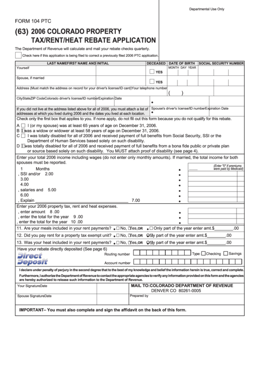 Fillable Form 104 Ptc - Colorado Property Tax/rent/heat Rebate Application - Department Of Revenue - 2007 Printable pdf