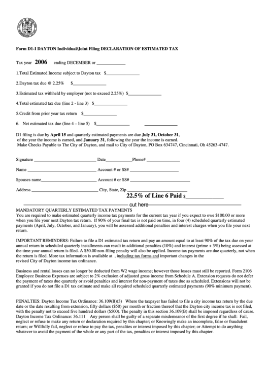Form D1-I - Dayton Individual/joint Filing Declaration Of Estimated Tax - 2006 Printable pdf