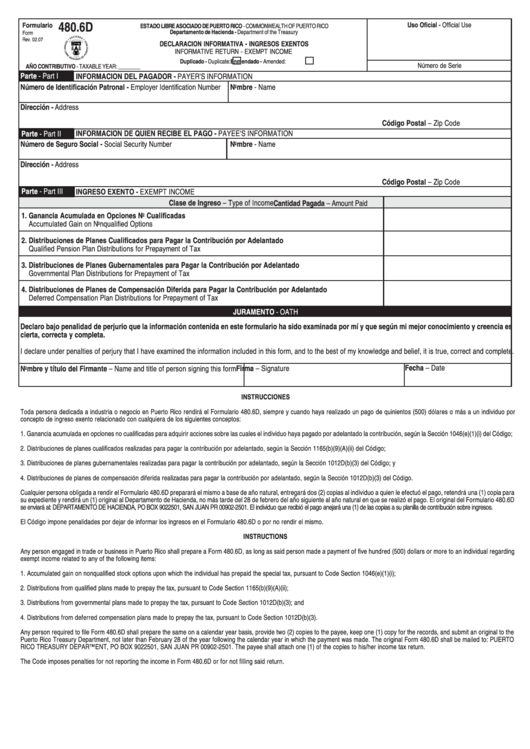 Form 480.6d - Informative Return - Exempt Income - Puerto Rico Department Of Treasury Printable pdf