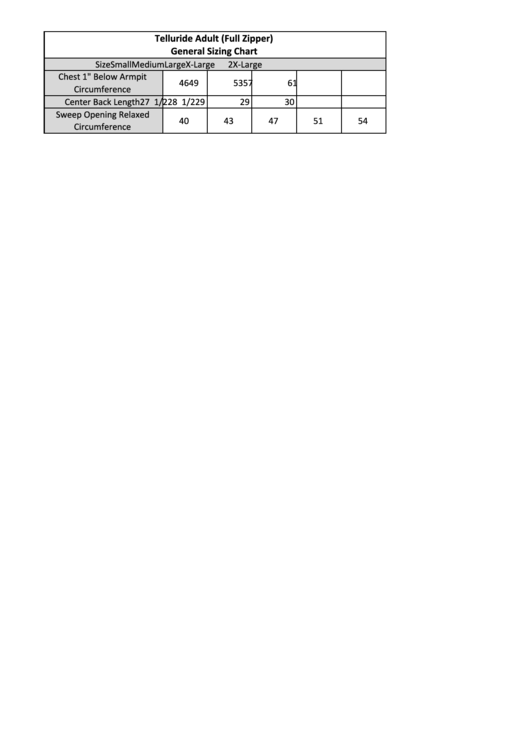 Telluride Adult (Full Zipper) General Sizing Chart Printable pdf