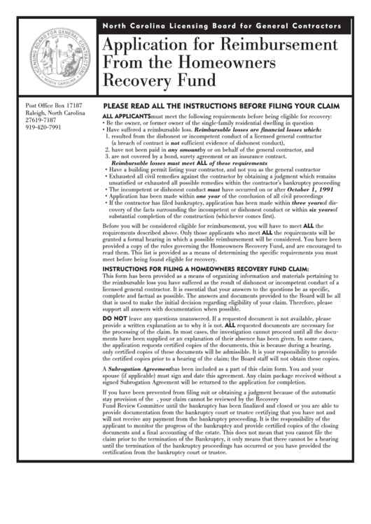 Application For Reimbursement From The Homeowners Recovery Fund Form Printable pdf