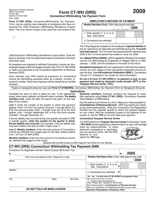 Form Ct-Wh (Drs) - Connecticut Withholding Tax Payment Form - 2009 Printable pdf