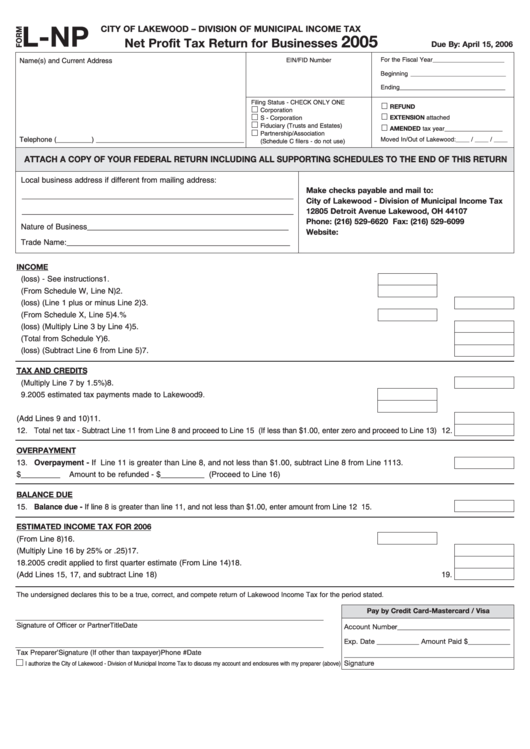 Form L-Np - Net Profit Tax Return For Businesses 2005 - City Of Lakewood Printable pdf