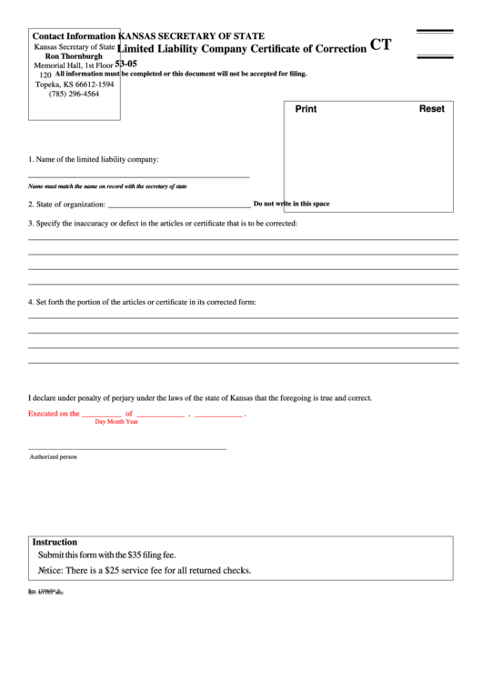 Fillable Form K.s.a. 17-7683 - Limited Liability Company Certificate Of Correction - Secretary Of State, State Of Kansas Printable pdf