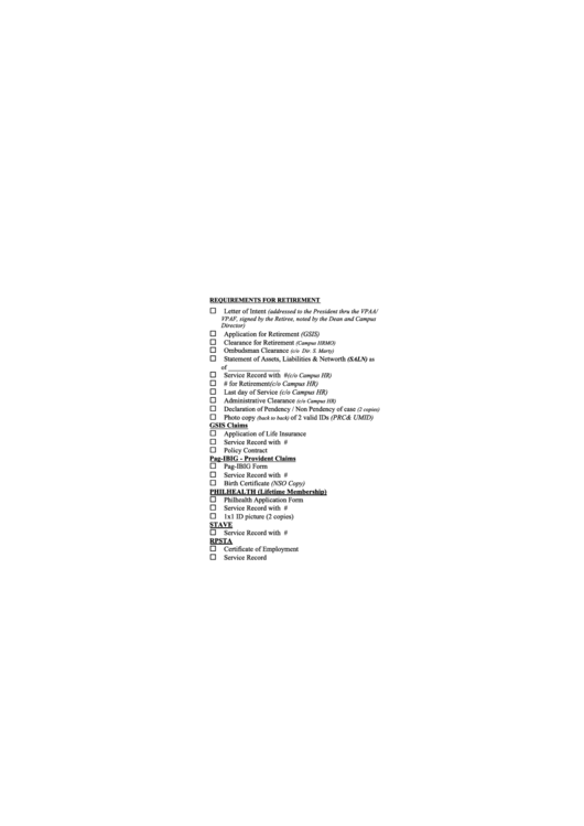 Requirements For Retirement Checklist Template Printable pdf