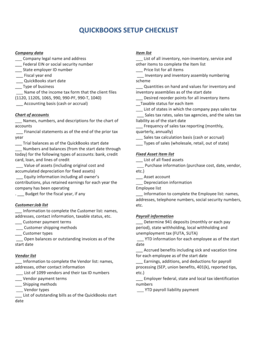 Quickbooks Setup Checklist Template Printable pdf