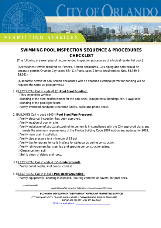 Swimming Pool Inspection Sequence & Procedures Checklist Template Printable pdf