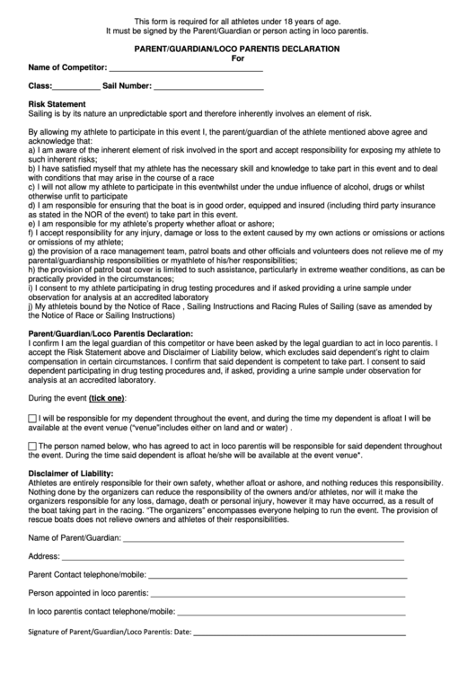 Parent/guardian/loco Parentis Declaration Form Printable pdf