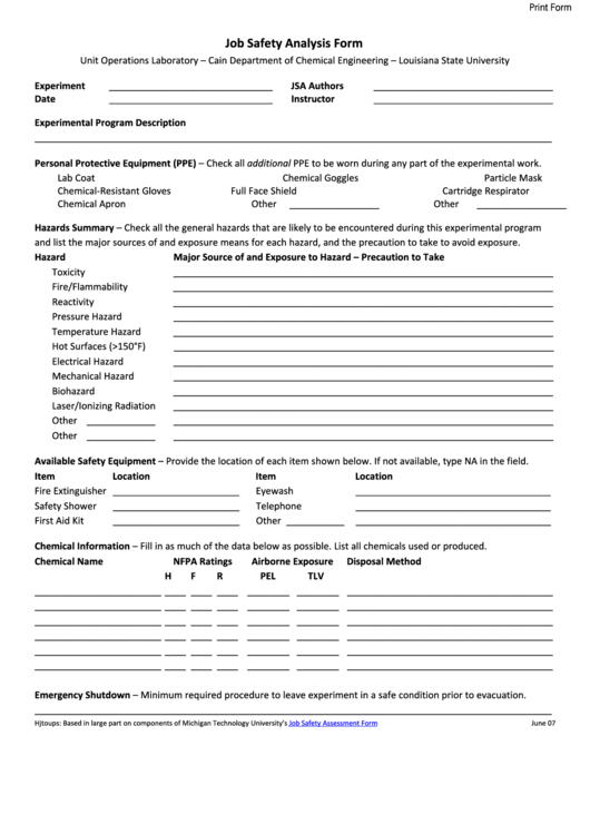 Fillable Job Safety Analysis Form Printable pdf
