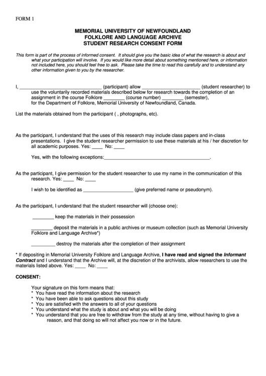 Form 1 - Student Research Consent Form - Memorial University Of Newfoundland Printable pdf