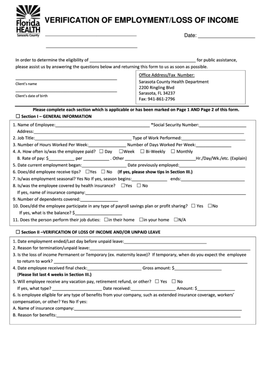 Verification Of Employment/loss Of Income Form Printable pdf