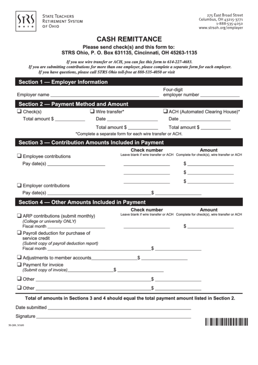 Fillable Cash Remittance Form - Strs Ohio Printable pdf