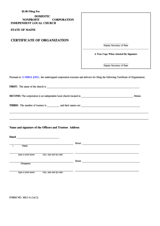 Fillable Form Mlc-6 - Certificate Of Organization Printable pdf