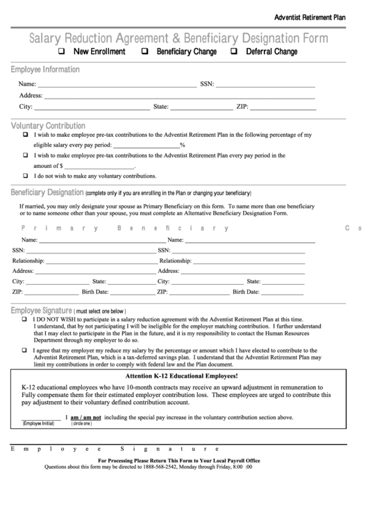 Fillable Salary Reduction Agreement & Beneficiary Designation Form Printable pdf