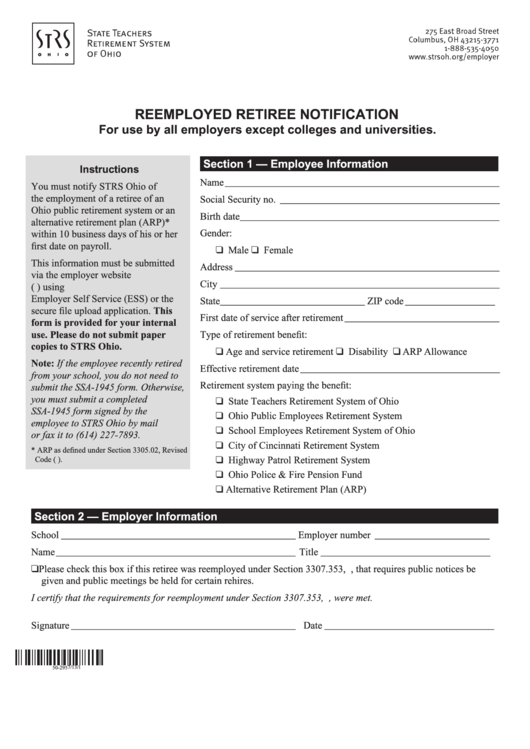 Reemployment Retiree Notification Form - Strs Ohio Printable pdf