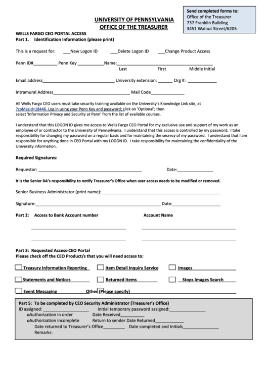 Wells Fargo Ceo Portal Access Form - University Of Pennsylvania Office Of The Treasurer Printable pdf