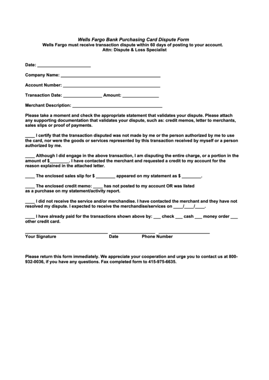 Wells Fargo Bank Purchasing Card Dispute Form - Concordia College Printable pdf