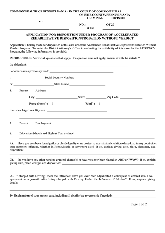 Application For Disposition Under Program Of Accelerated Rehabilitative Disposition/probation Without Verdict Printable pdf