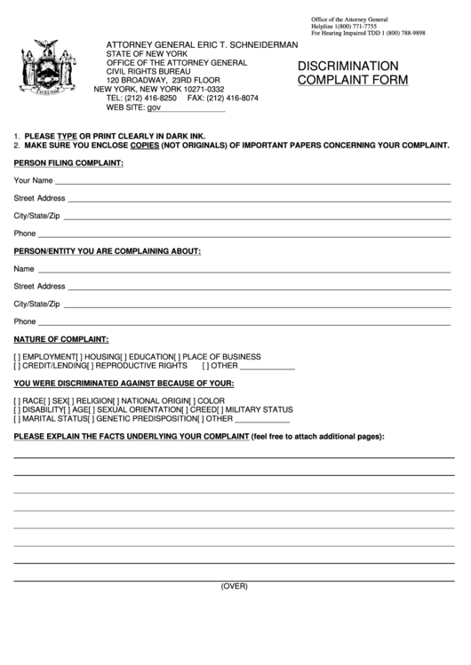 Discrimination Complaint Form - State Of New York Office Of The Attorney General Printable pdf