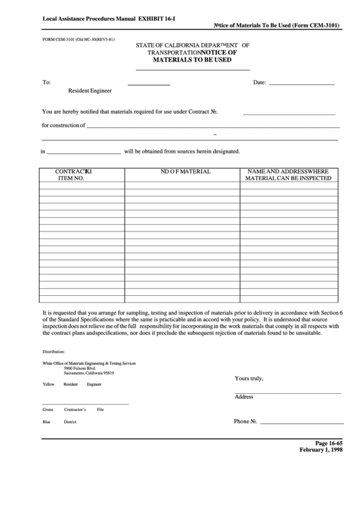 Exhibit 16-I - Notice Of Material To Be Used (Form Cem-3101) printable ...