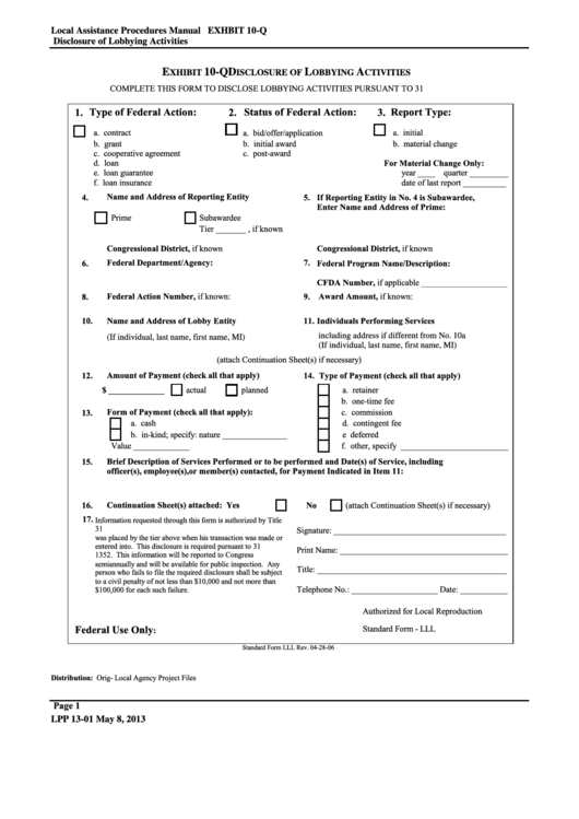 Exhibit 10-Q - Disclosure Of Lobbying Activities Form Printable pdf