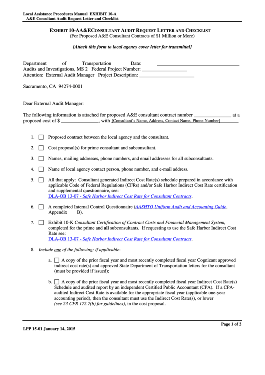 Exhibit 10-a - A&e Consultant Audit Request Letter And Checklist Form