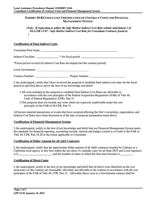 Exhibit 10-K - Consultant Certification Of Contract Costs And Financial Management System Form Printable pdf