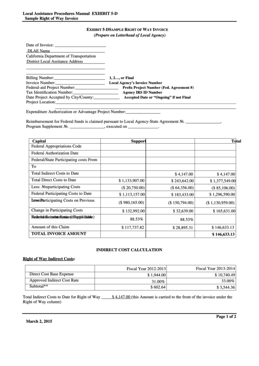 Exhibit 5-D - Sample Right Of Way Invoice Form Printable pdf