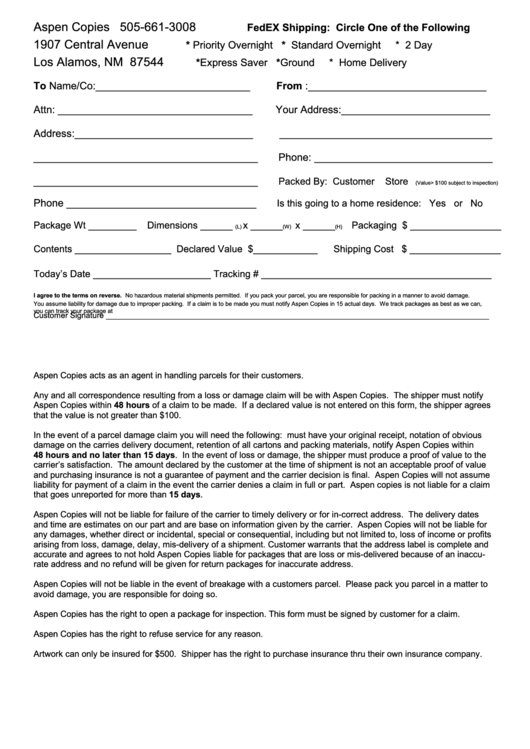Fedex Shipping Form Printable pdf