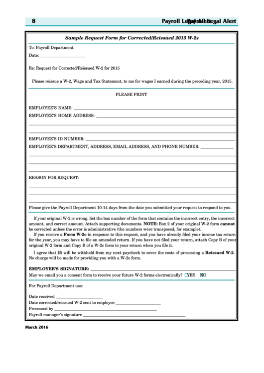 Sample Request Form For Corrected/reissued 2015 W-2s Printable pdf