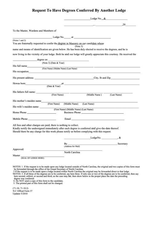 Fillable N.c Offical Form 37 - Request To Have Degrees Conferred By Another Lodge Printable pdf