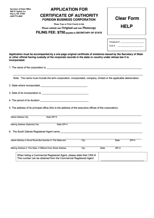 Application For Certificate Of Authority - Foreign Business Corporation - South Dakota Secretary Of State
