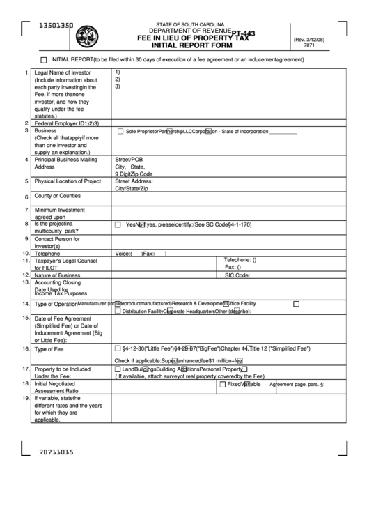 Form Pt-443 - Fee In Lieu Of Property Tax Initial Report Form - South Carolina Department Of Revenue Printable pdf