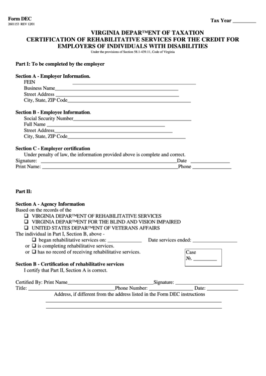 Form Dec - Certification Of Rehabilitative Services For The Credit For Employers Of Individuals With Disabilities Printable pdf