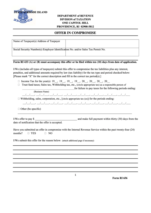 Form Ri 656 - Offer In Compromise - Department Of Revenue, State Of Rhode Island Printable pdf