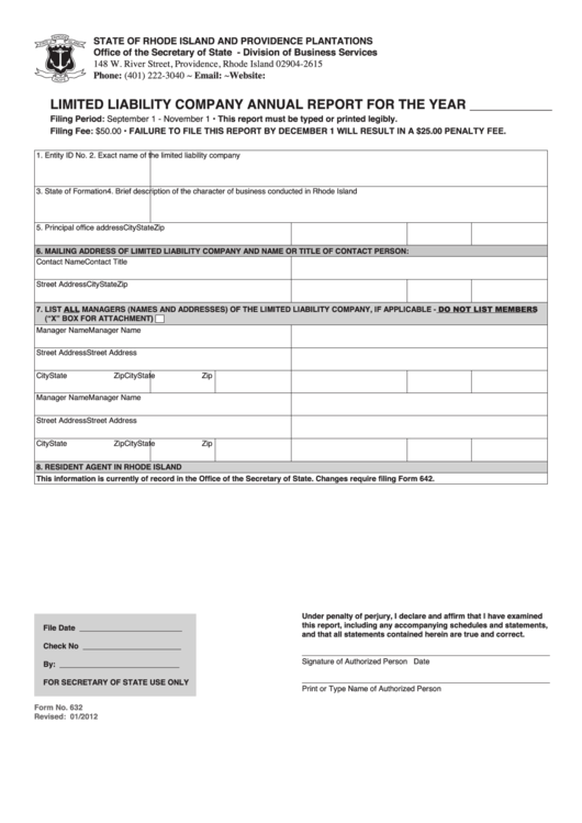 Fillable Form 632 - Limited Liability Company Annual Report For The Year - Secretary Of State, State Of Rhode Island And Providence Plantations Printable pdf
