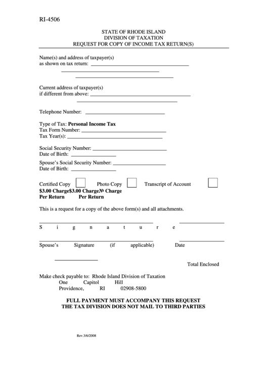 Form Ri-4506 - Request For Copy Of Income Tax Return(S) - Division Of Taxation, State Of Rhode Island Printable pdf