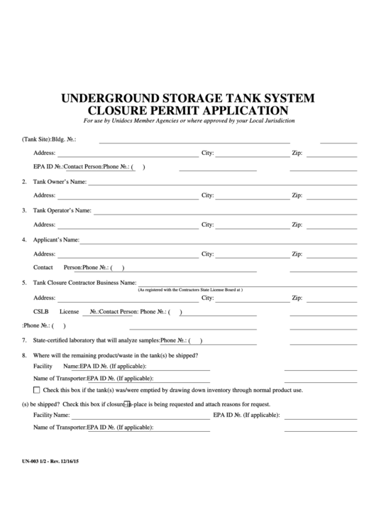 Fillable Underground Storage Tank System Closure Permit Application Form Printable pdf